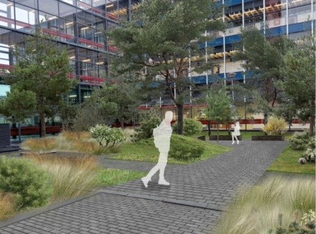 render gras en bomen bij gebouw