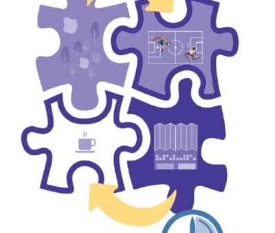 puzzelstukken met natuur sport gebouw en koffie erin
