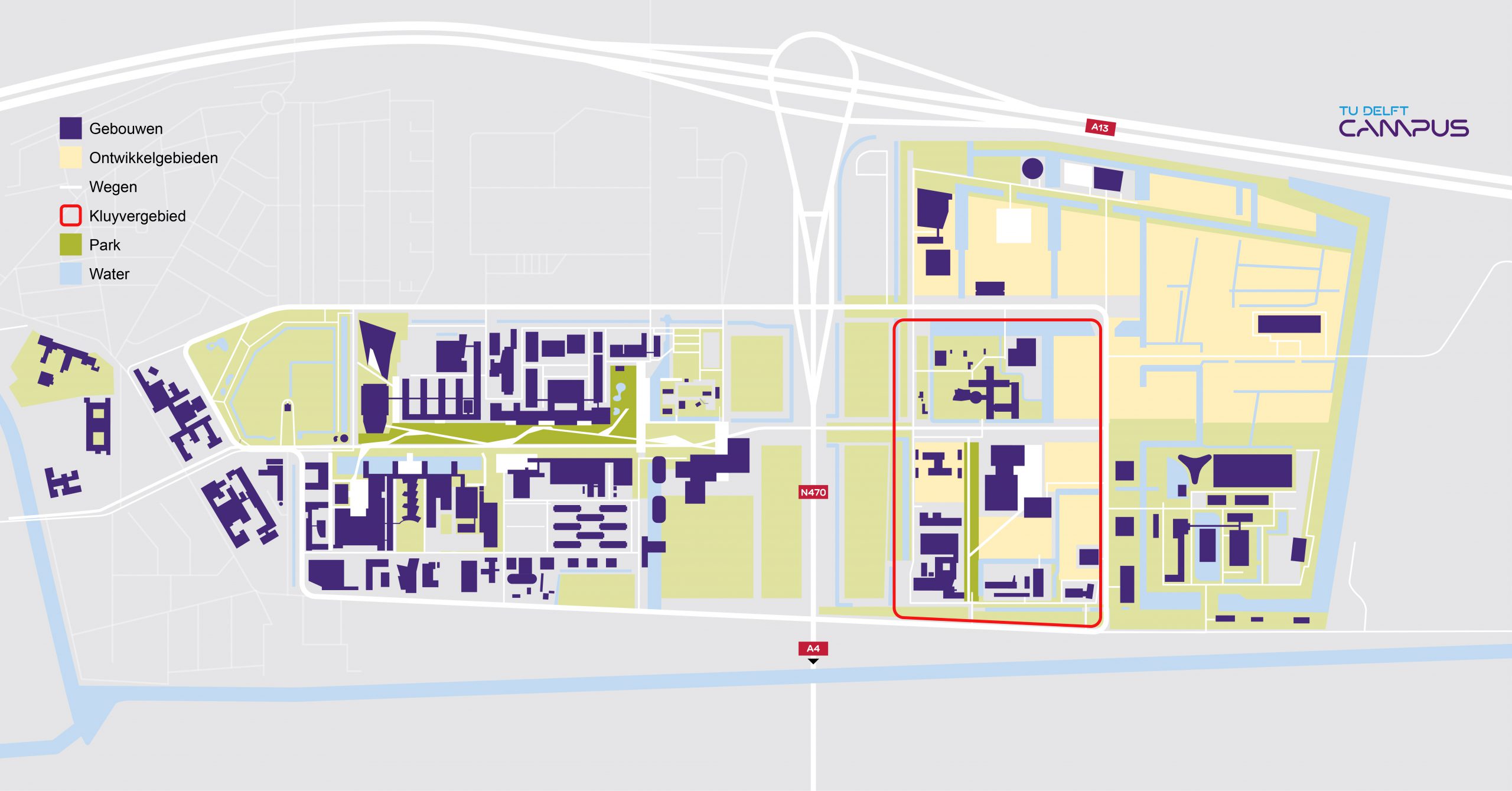 Campuskaart_met markering Kluyvergebied – aug 2021 Kluyvergebied - TU Delft Campus - augustus 2021